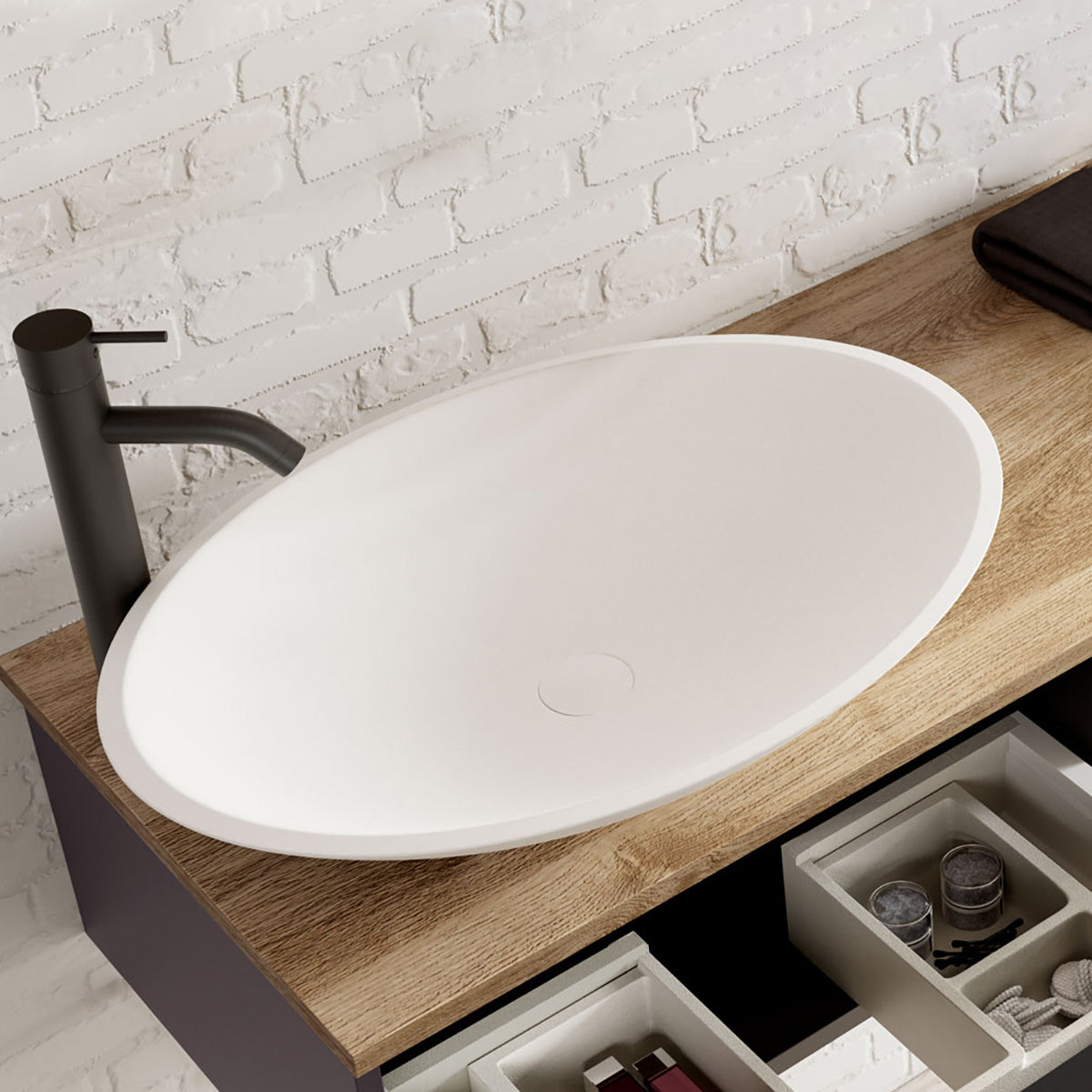Frittstående Servant Solid Surface Tenfors Oval 57x41 cm Hvit Matt