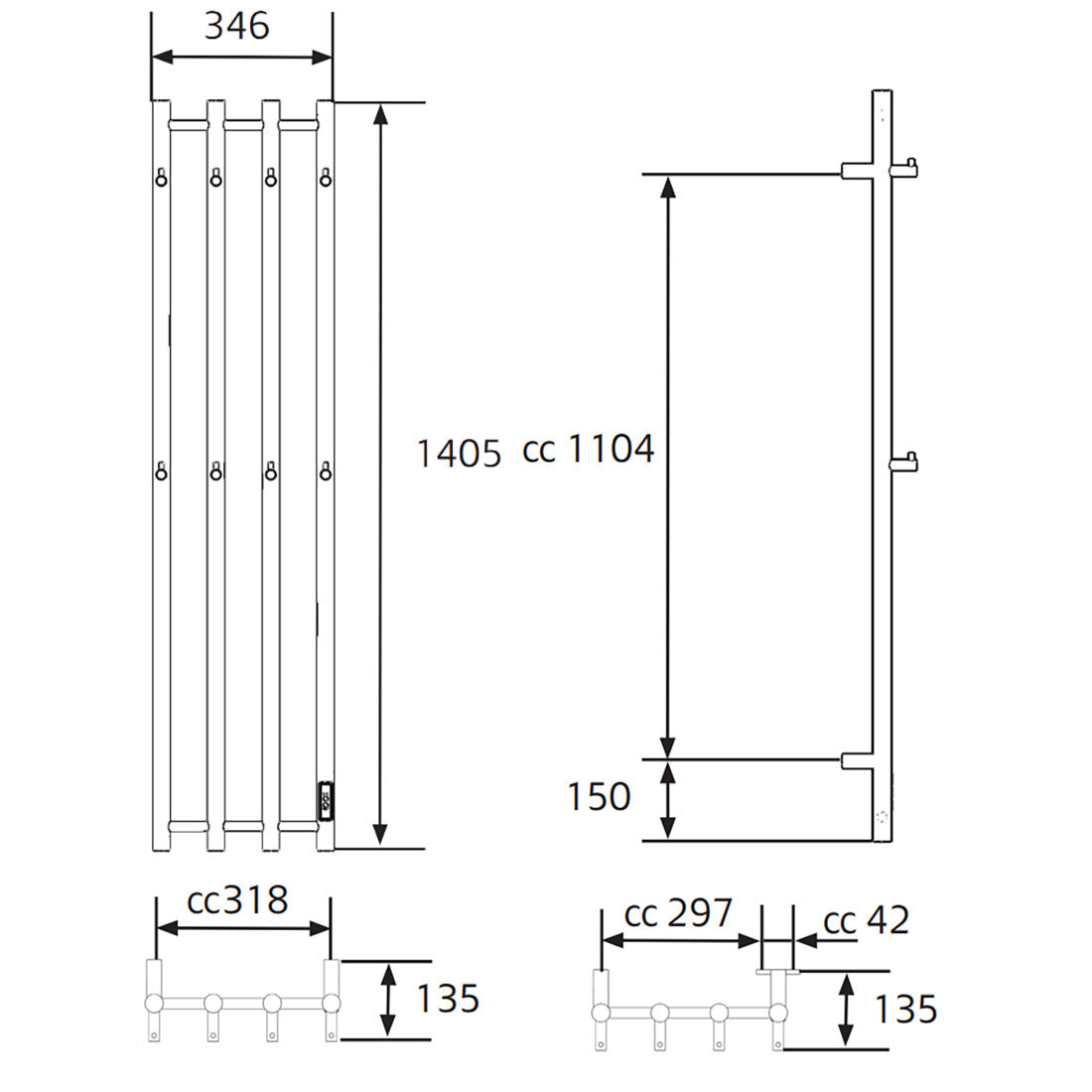 Håndkletørkere Hafa Grace 340x1400 Svart